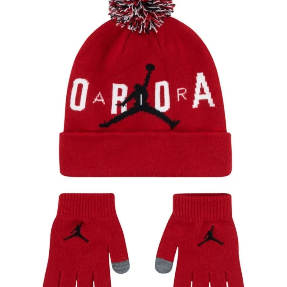 Jordan Pom Beanie & Glove Set- Red/Black